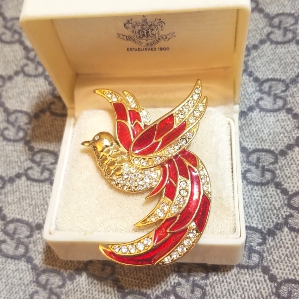 Vintage Designer Giorgio Red Enamel Crystal Bird Brooch